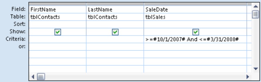 Using the And operator with numeric fields. Notice that this query shows all records for sales during the last quarter of 2007 and the first quarter of 2008.